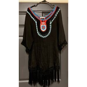 Beach Coverup Black Crochet L/XL Fringe Embroidered COASTAL GRANNY‎ Pool Summer